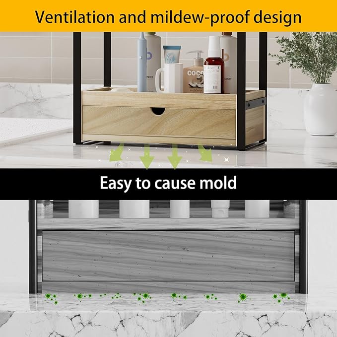 2-Tier Bathroom Organizer Countertop with Drawer, Wood Bathroom Counter Shelf for Storage, Vanity Organizer Countertop for Kitchen, Office