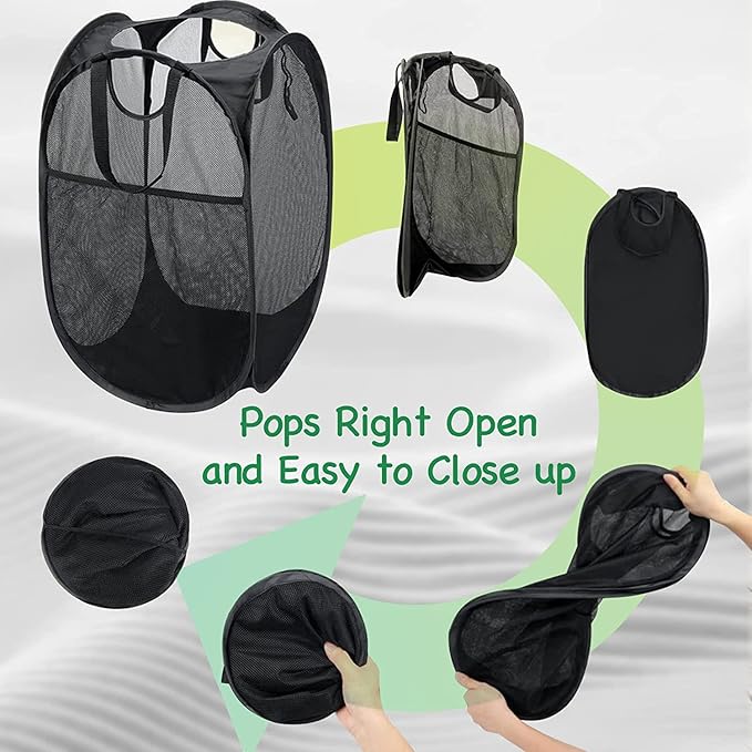 AQQA 9 Pcs Mesh Popup Laundry Hamper Set, Black/White/Blue, Durable Handles, Foldable, Sturdy Mesh Construction, Ideal for Kids, Teens, Adults, College Dorm, Camping, Hotel, Travel (Pack of 2)
