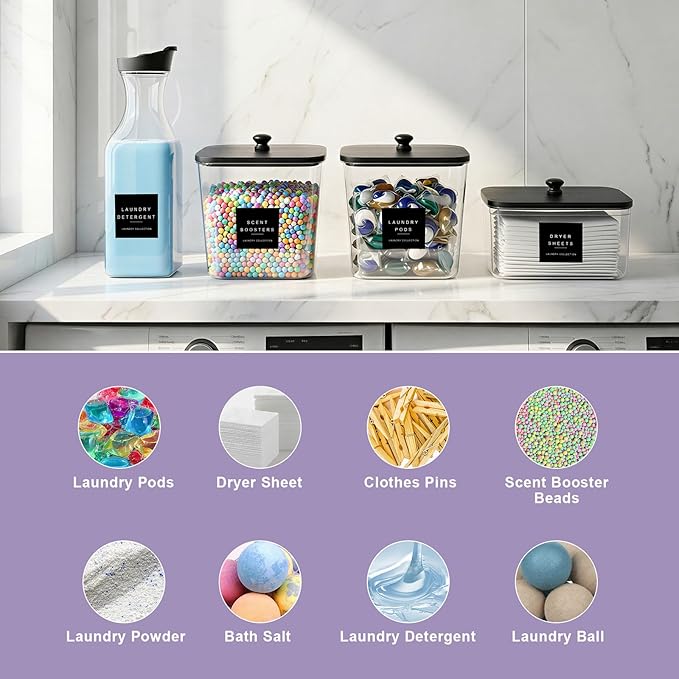 Laundry Pod Containers and Dryer Sheet Holder and Laundry Detergent Dispenser Clear Laundry Room Organization and Storage with Wooden Lids Labels and spoon （2+1+1 Pack）