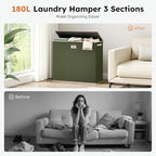 SOLEDI 180L 3-Section Laundry Hamper with Lid, Extra Large Dirty Clothes Basket with Sturdy Handles for Laundry Room & Bedroom - Durable Organizer for Sorting Laundry