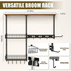 Broom Holder Wall Mount，Mop Rack With Storage Basket,Diversity Laundry Room Cleaning Tool Storage container，Suitable Family Garage Kitchen Organization Wall-Mounted Rack (Black, Medium)