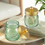 SheeChung Green Glass Qtip Holder Dispenser, Mason Jar Apothecary Jars with Lids, Bathroom Organizers and Storage, Vanity Countertop Canisters Set for Cotton Swab, Ball, Pad, Floss Pick-Gold, 2 Pack