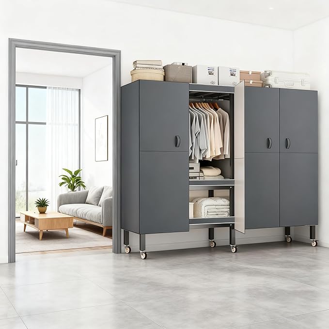 Heavy Duty Portable Closet with Cover Magnetic Doors, Metal Rolling Clothes Rack Heavy Duty 1500LBS, Foldable Clothing Rack, Garment Racks for Bedroom/LivingRoom/Rental (KT Grey, 74.8in)