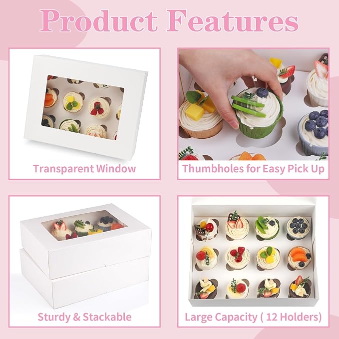 Cupcake Boxes, 2 Pack Disposable Cupcake Containers, Food Grade Cupcake Carrier 12 Count with Window and Inserts, Cupcake Transport Holders Bulk for Muffins Cookies Treats Dessert（White）