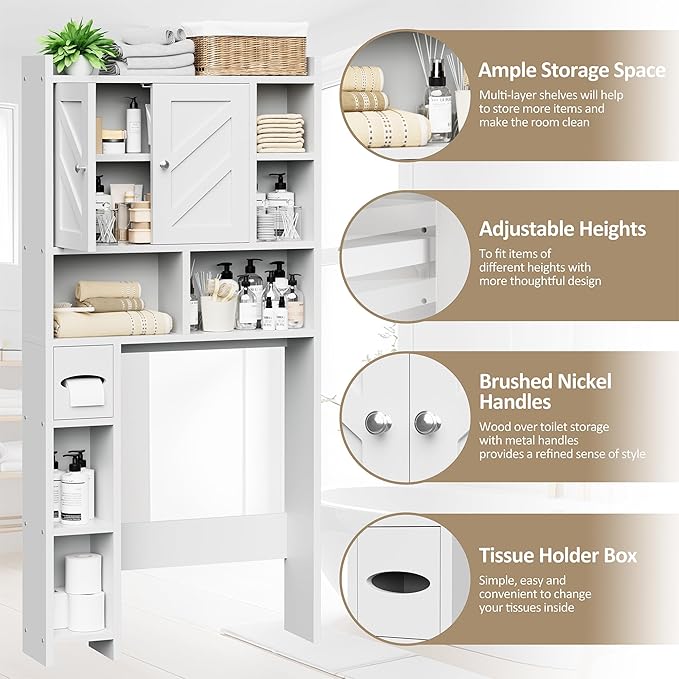 Meilocar Over the Toilet Storage Cabinet, Bathroom Over Toilet Storage Cabinet, Bathroom Storages Organizer Cabinets with Toilet Paper Holder and Adjustable Shelf, White