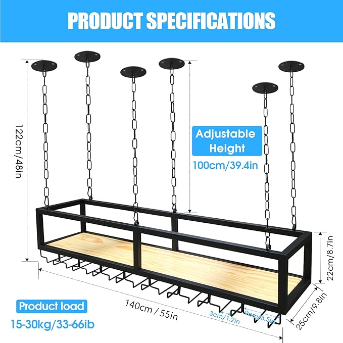 Ceiling Wine Glass Rack - Hanging Wine Rack with Glass Holder and Shelf, Height Adjustable Industrial Hanging Wine Bottle Holder, Black Metal Ceiling Shelf for Bar Cafe Kitchen (55.1×9.8×8.6in)