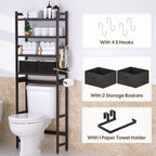 Over The Toilet Storage with 2 Baskets, 4-Tier Bamboo Organizer Rack with Paper Holder & 4 Hooks & Waterproof Feet Pad,Freestanding Shelf for Bathroom(Brown)
