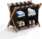 Bamboo Luggage Rack with 4 Storage Compartments, Foldable Suitcase Stand for Guest Room, 150lbs Capacity, Sturdy, Space-Saving and Easy to Assemble Organizer