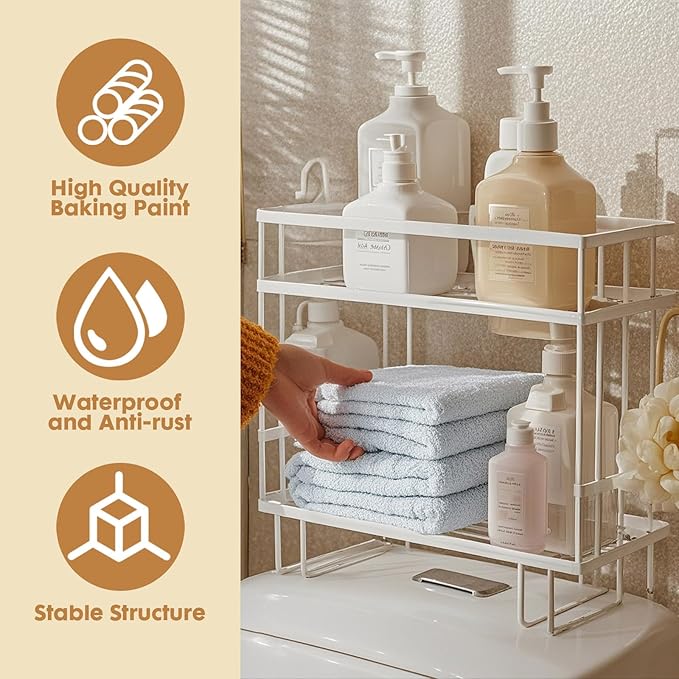 PowerKing Over The Toilet Storage Shelf, 2-Tier Bathroom Organizer Rack with 2 Hooks, No-Drill, Rust-Resistant Steel, Toilet Paper Holder for Restroom Bathroom, White
