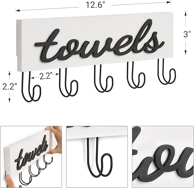 Mkono Towel Holder Wall Mounted Towel Rack Bathroom Decor Rustic White Wood Towel Hooks to Hang Towels Bathroom Robe Coat Clothing, Bath Towel Hanger Storage Home Decor Organizer,Small