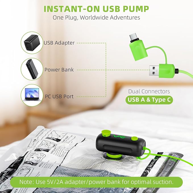 Vacuum Bags for Travel - USB Electric Pump, 6 Pack Carry-on Size Vacuum Seal Bags for Clothing - Space Saver Vacuum Storage Bags for Luggage, Travel Essentials.