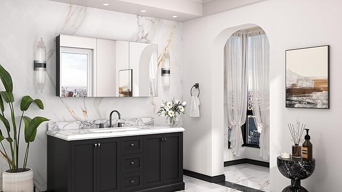 Keonjinn 48 x 26 Inch Medicine Cabinet, Assembly Required, Black Bathroom Medicine Cabinets Mirror, Lightweight, Adjustable Shelves, Surface Mount or Recessed, Tempered Glass