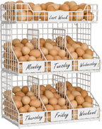 X-cosrack Egg Holder Countertop, 3 Tier Egg Rack with Labels Dividers to Separate Eggs, Stackable Wire Baskets for Fresh Egg, XXL Egg Dispenser for Countertop/Wall-Mounted, White (Patent Pending)