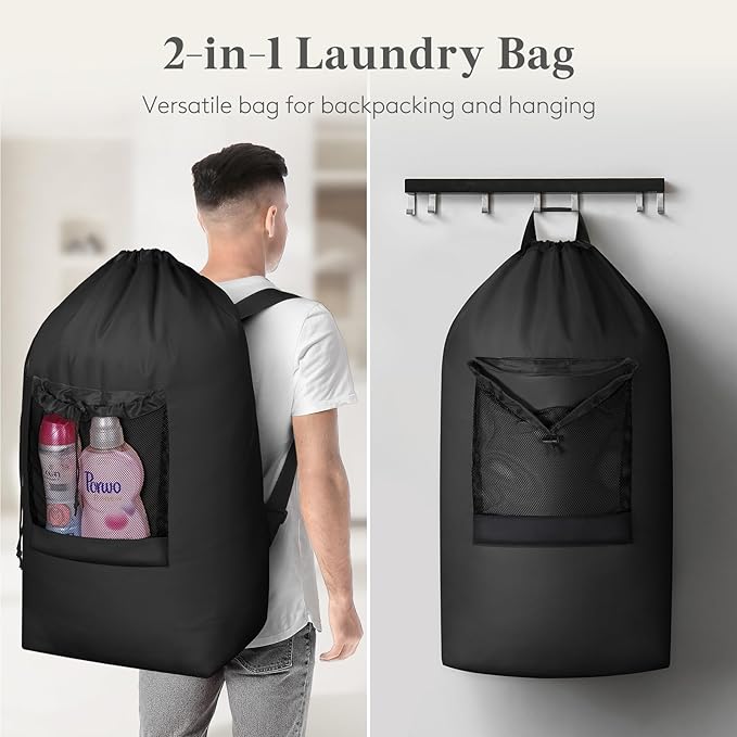Lifewit Laundry Bag, Extra Large Laundry Backpack with Shoulder Straps and Mesh Pocket for Laundromat, Heavy Duty Laundry Bag Backpack for Dirty Clothes for College Dorm/Travel/Apartment, 90L, Black