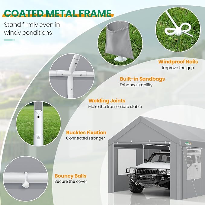 COBIZI 10x20 FT Heavy Duty Carport with Galvanized Frame, Carport Canopy with Roll-up Windows, Storage Tent with Removable Sidewalls & Doors, Built-in Sandbags for Car Boat Truck, Gray