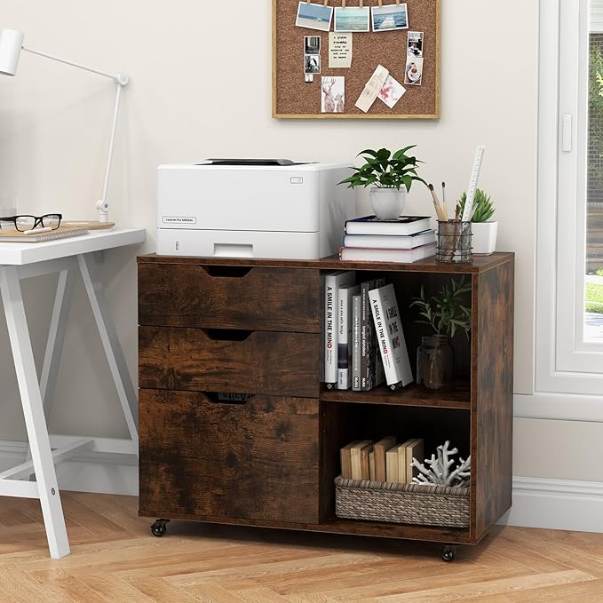 Giantex 3 Drawer File Cabinet, Office Storage Cabinet Fits Files Letter, A4, Legal Size, Rolling Printer Stand with Adjustable Shelf, Office Organization and Storage, Lateral Filing Cabinet (Brown)