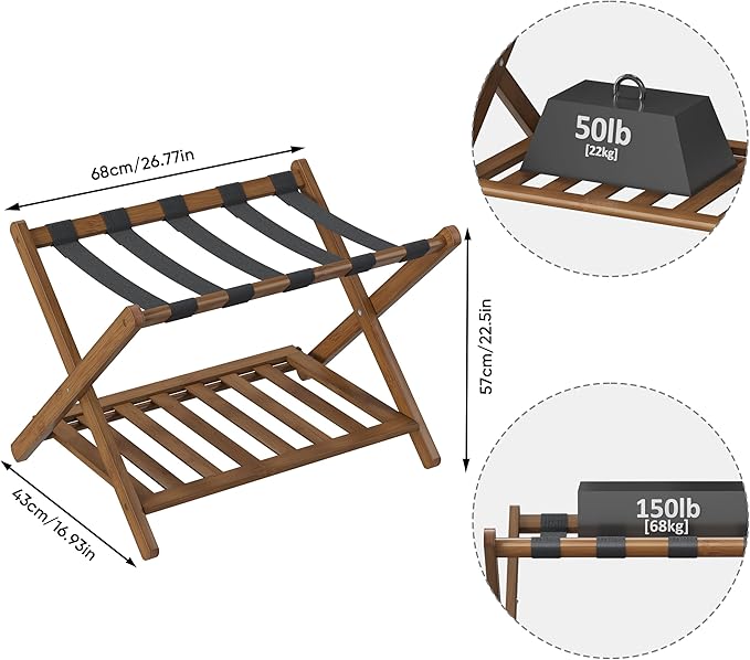 Smuxee Fully Assembled Black Walnut Luggage Rack, Upgraded Bamboo Foldable Suitcase Stand with 5 Nylon Straps, Luggage Holder with Shelf for Guest Room Bedroom Hotel