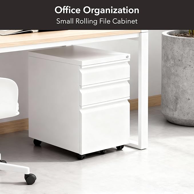 Mount-It! 3 Drawer File Cabinet with Lock and Wheels, Under Desk Storage Filing Pedestal for Home Office, No Assembly Small Rolling File Cabinet for Legal, Letter, and A4 Files in White