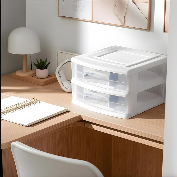 HOMZ 2-Pack 2-Drawer Storage Cart, Clear Plastic Drawers, 14.25" Wide Medium, White Frame - Organizing Drawer Containers for Home, Bathroom, Bedroom, Office, and Classroom