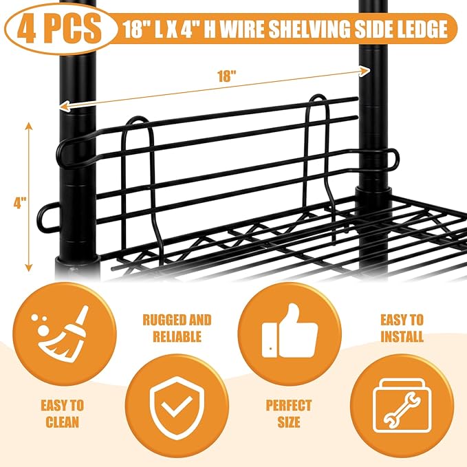 4 Pcs Chrome Wire Shelf Ledge 18" L x 4" H Wire Shelving Side Ledge Metal Shelves Accessories Pantry and Garage Storage (Black)