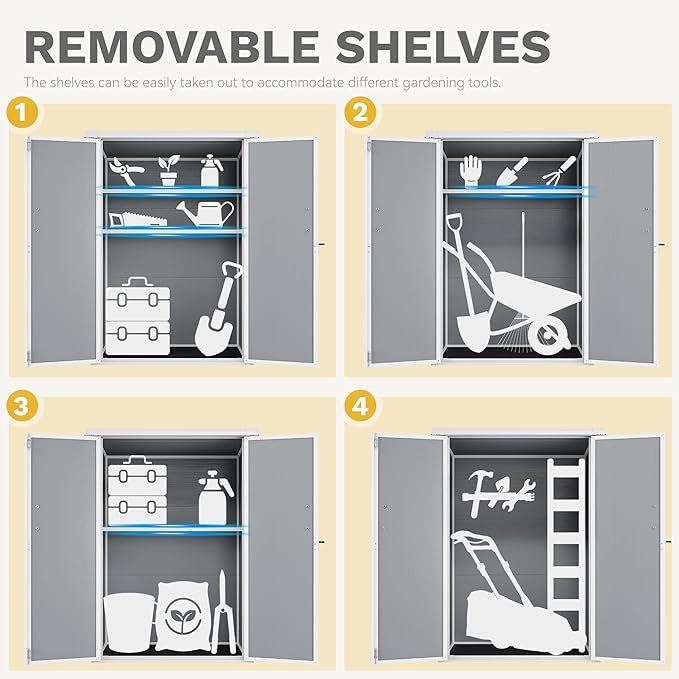 DWVO 5X3FT Outdoor Vertical Storage Shed with 2 Shelves, 60 Cu Ft Waterproof Resin Garden Shed with Floor & Lockable Door, Plastic Tall Tool Cabinet for Garbage Can, Lawn Garden Supplies, Gray