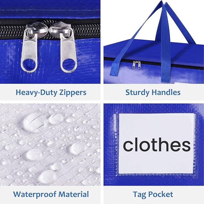 Moving Bags, Storage Bags with Sturdy Handles and Heavy Duty Zippers, Storage Totes for Space Saving, Moving & Storage, Collapsible Moving Supplies(125L, 6-Pack, Blue)