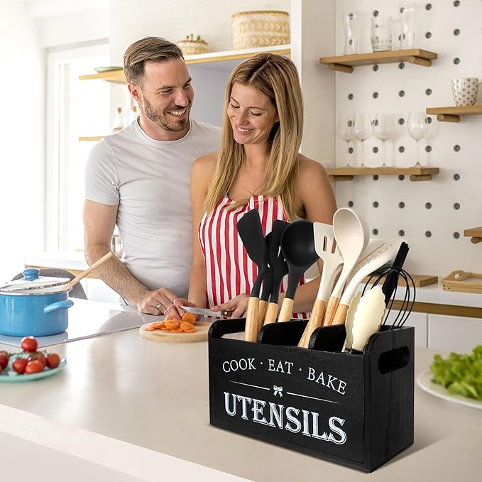Farmhouse Cooking Utensils Organizer - Kitchen Utensil Holder Black Rustic Solid Wood Countertop Utensil Holder, 3 Compartment Spoon Holder for Kitchen Decor
