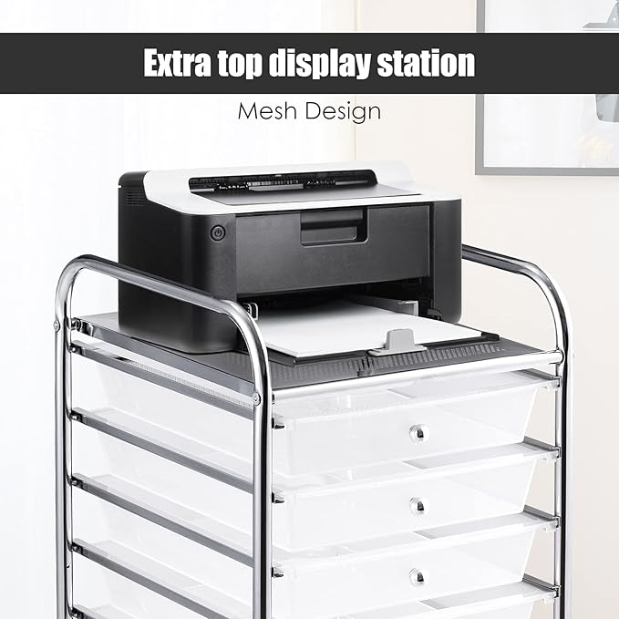 GOFLAME 10-Drawer Rolling Storage Drawer Cart, Utility Cart with Removable Drawers & Metal Frame, Mobile Art Craft Drawer Cart with Lockable Wheels for Home, Office, Studio, School, Clear