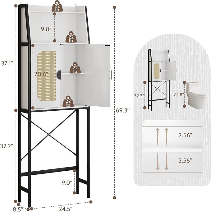 Over The Toilet Storage Cabinet with Rattan Doors, Bathroom Organizer with Adjustable Shelf, Metal Frame & Anti-Tip Device, Space-Saving Wood Cabinet for Bathrooms, Laundry Room, White