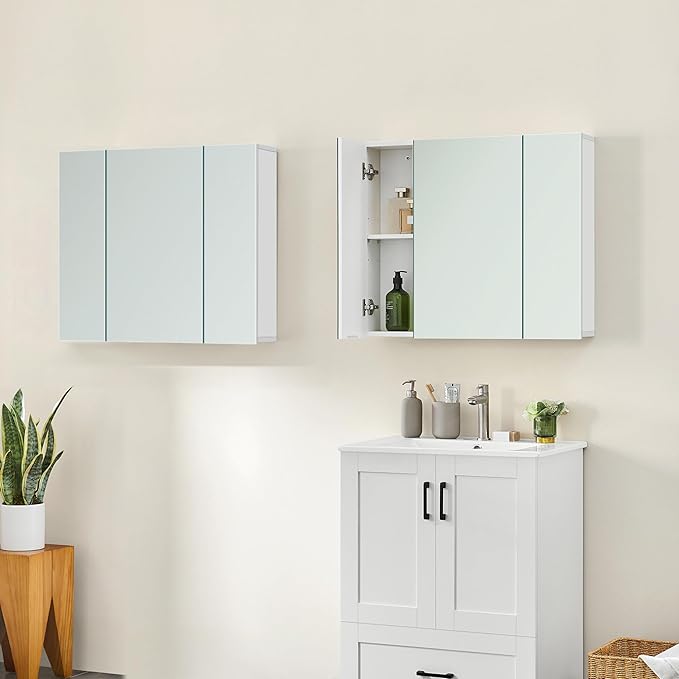 Yaheetech Bathroom Mirror Cabinet with 3 Doors, Wall Mounted Medicine Cabinet with Adjustable Shelf, Storage Cupboard for Living Room, Laundry Room, Mudroom, White