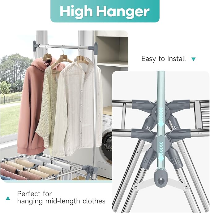 APEXCHASER Clothes Drying Rack with High Hanger, Foldable 3-Level Drying Racks with Shoe Rack, Crossbar and Vertical Rod Laundry Stand with Adjustable Wings Grey