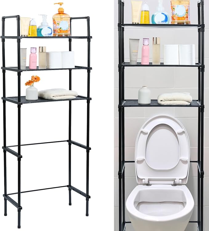 Black 3-Tier Bathroom Organizer - Freestanding Above Toilet Storage Rack, Space Saver for Home Bathroom