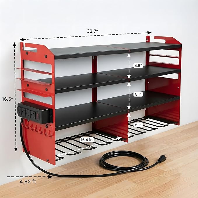 4-Tier Heavy Duty Power Tool Organizer with 4-Outlet High-Power Strip, 600lbs Capacity Reinforced Steel Drill Rack, High-Visibility Wall Mount Storage for 20V/60V Max Battery Systems, Red
