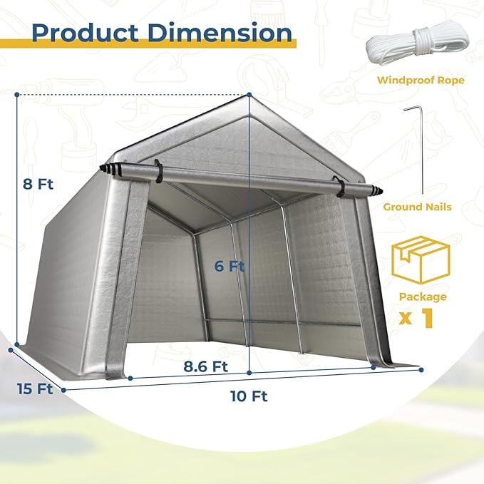 10 x 15 FT Carport, Portable Shed w/220G Heavy Duty Waterproof PE Tarp, Roll-up Zipper Door & Vent, Weather-Resistant Storage Shed for Motorcycle, Bike, ATV and Tools, Gray