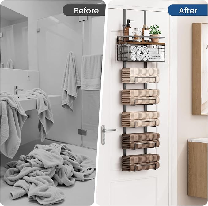 Towel Racks for Bathroom Over The Door Towel Racks Towel Storage Organizer with Metal Shelf Basket for Bathroom Rv Camper (7-Tier Black with Brown Plank)