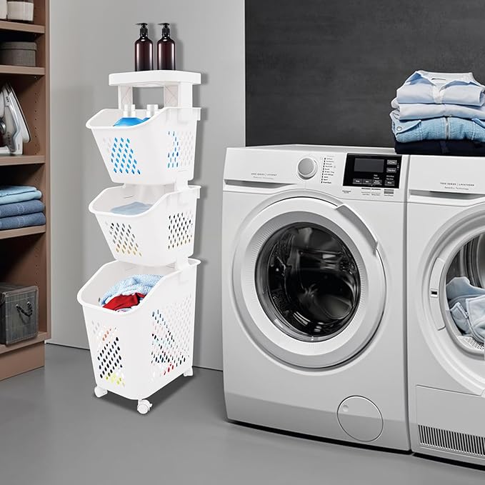 3-Tier Laundry Hamper Sorter with Wheels, Vertical Rolling Laundry Baskets Removable and Stackable, Space-Saving Cart Organizer for Dorm, Closet and Bathroom (3-Tier)