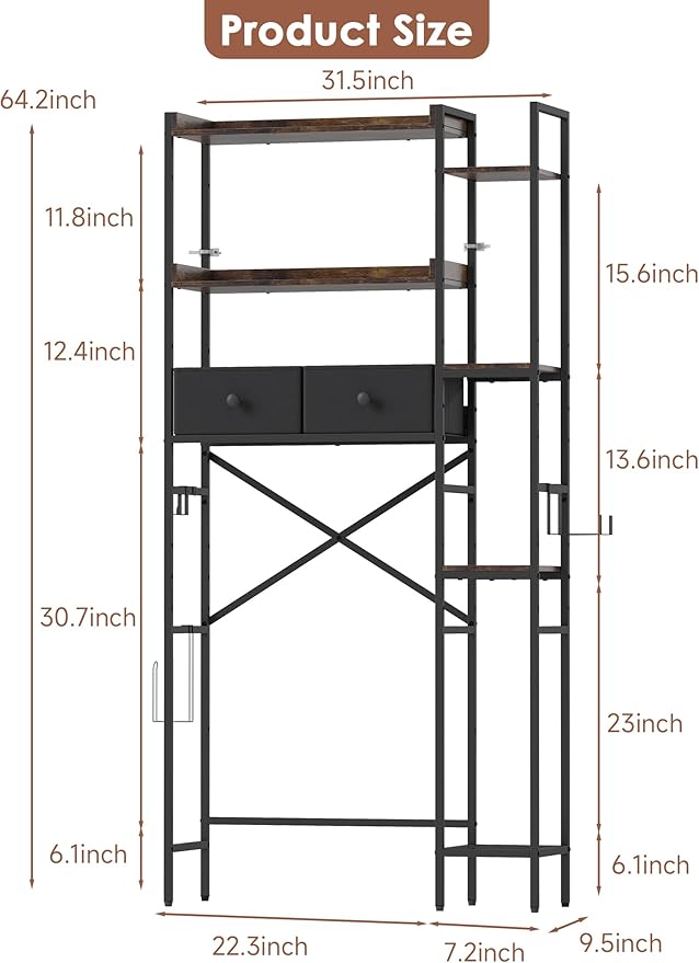 Over The Toilet Storage Rack, 7-Tier Over Toilet Bathroom Organizer with Adjustable Shelf, Above Toilet Storage with Hooks, Space-Saving, Brown Shelf
