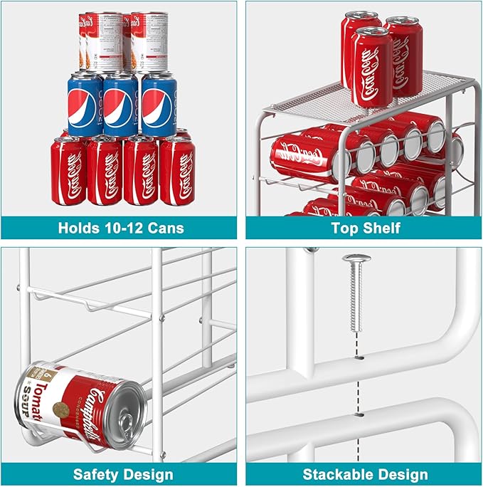 MOOACE 4 Pack Can Organizer for Pantry, Stackable Soda Can Dispenser Rack, Pantry Organizer Canned Food Storage Holder for Kitchen Refrigerator Cabinet, White