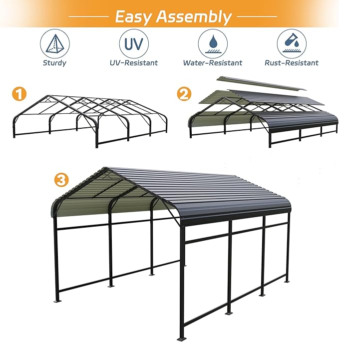Patiowell 10x15 FT Metal Carport, Heavy Duty Outdoor Carport with Reinforced Frame and Galvanized Steel Roof, All-Weather Car Port Shelter for Car, Truck, Boat and Tractor, Black