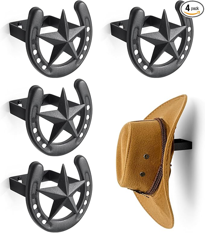 Cowboy Hat Hook for Wall, 4 Pack Cowboy Hat Rack, Metal Horseshoe Hanger, Hat Organizer, Western Hook for Wall, Hat Holder Display for Closet, Horse Supplies, Texas Gifts for Men, Black