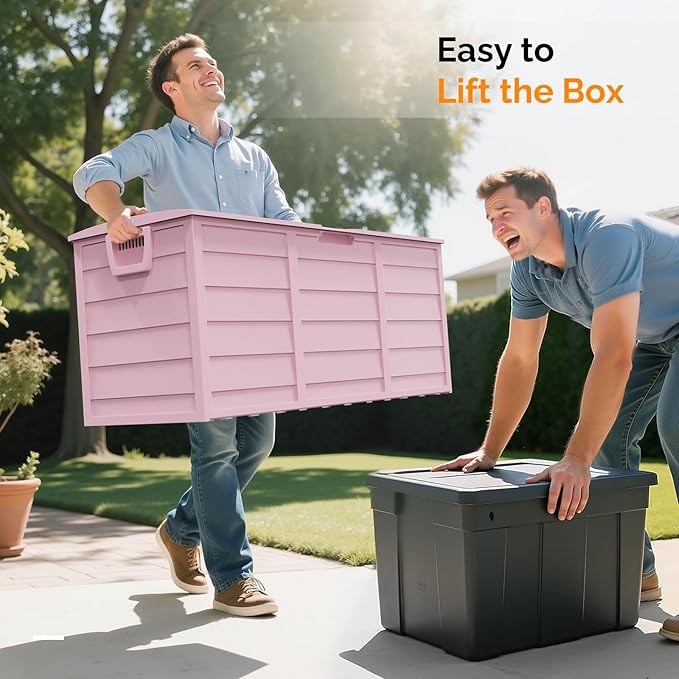 VINGLI 75 Gallon Outdoor Storage Box, Lockable Plastic Storage Containers with Lid, Patio Deck Box Furniture for Garden, Pool, Balcony, Yard (Light Pink)