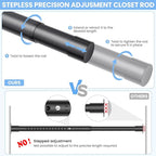 Closet Rods for Hanging Clothes, 17 to 99 Inch Stepless Adjustable Closet Rod, 1.3 Inch Diameter Metal Heavy Duty Closet Hanging Rod for Closet Wardrobes Laundry RV, Black