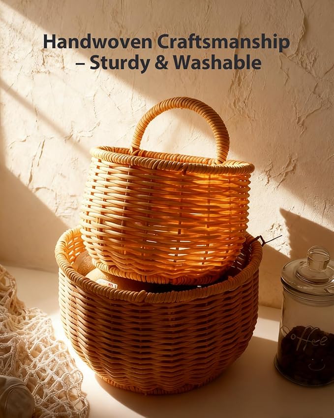 2 Pack Wall Hanging Rattan Baskets, Hand-Woven Storage Basket, Small Wall Hanging Baskets for Kitchen, Washable Decorative Basket, Potato Garlic Onion Storage Baskets