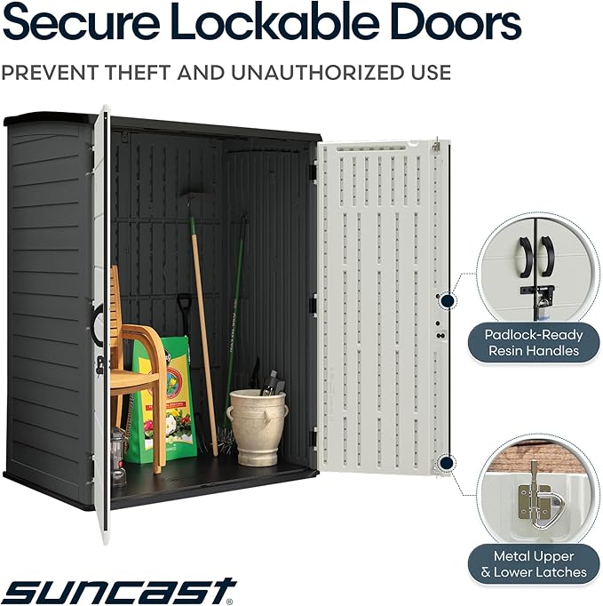 Suncast 106 Cu Ft Extra Large Vertical Outdoor Storage Shed - Resin Shed & Outdoor Storage with Floor and Lockable Double Doors, Weatherproof for Garden Tools, Pool Equipment, & Patio Cushions