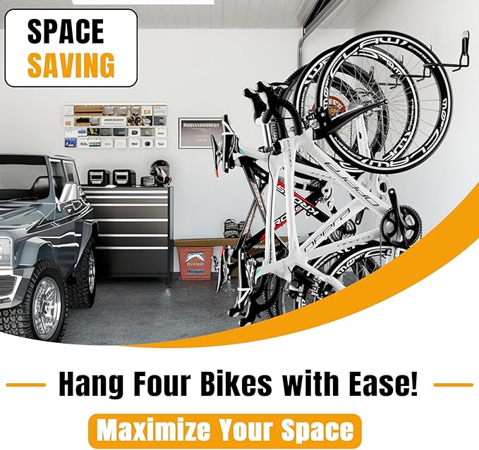 Wall Mount Bike Hooks Bike Hooks for Garage Vertical Bike Hanger for Indoor Use Heavy Duty with 8mm Thick Steel Frame 4PCS Storage System Black