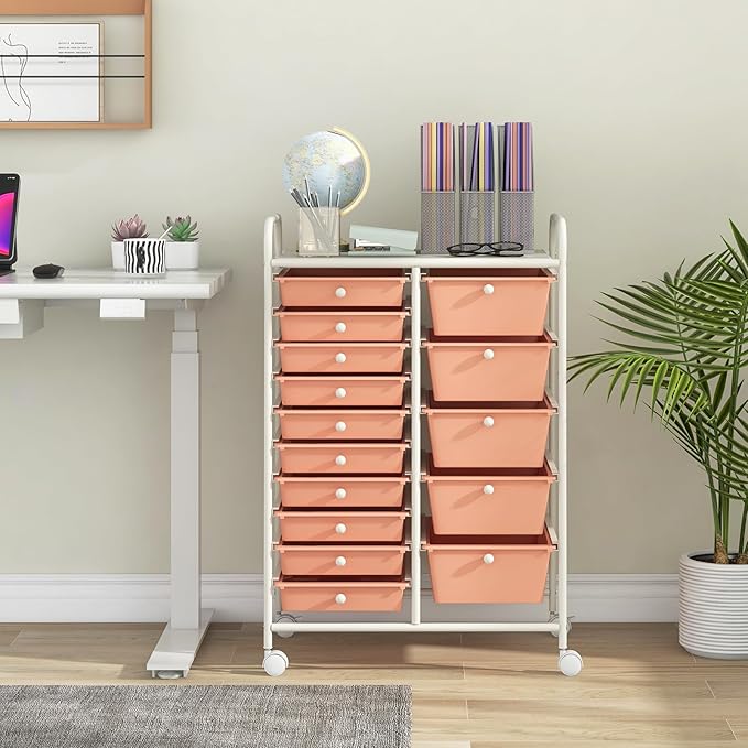 RELAX4LIFE 15-Drawer Storage Drawer Carts - Mobile Rolling Utility Cart w/Wheels, Craft Organizer for Classroom Organization and Storage, School, Office, Home, Storage Organizer Cart (Pink)