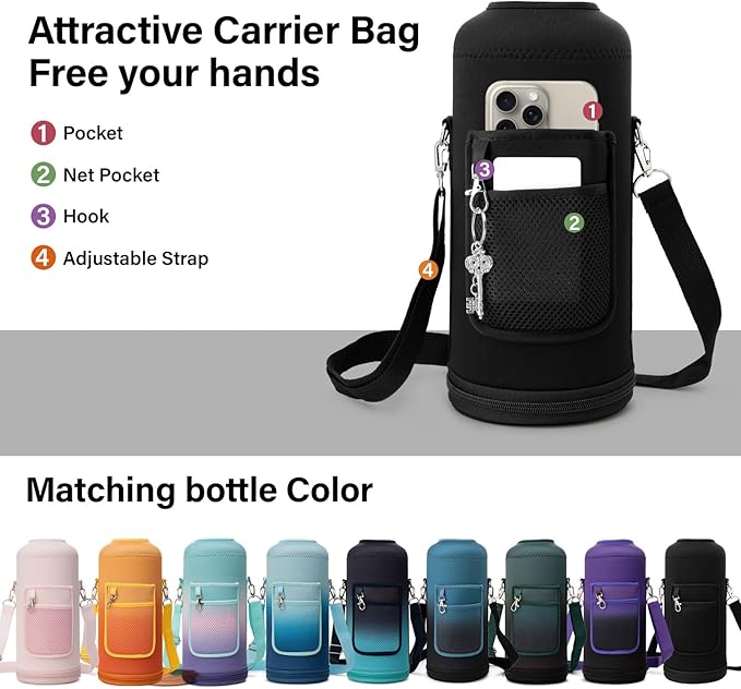 Insulated Water Bottle | Thickened Stainless Steel for Gym and Hiking with Straw, Carrier Bag, Handle Strap | BPA-Free 87 oz