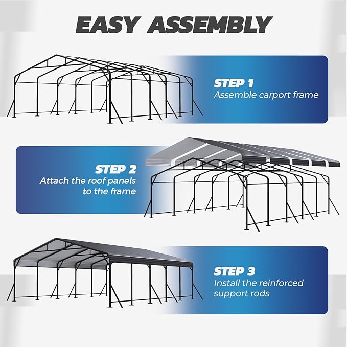 EROMMY 20' x 24' Heavy Duty Metal Carport with Galvanized Steel Roof & Base for All-Weather Protection, Outdoor Carport Garage, Versatile for Car, Boat, Tractor, and Party Use, Dark Gray