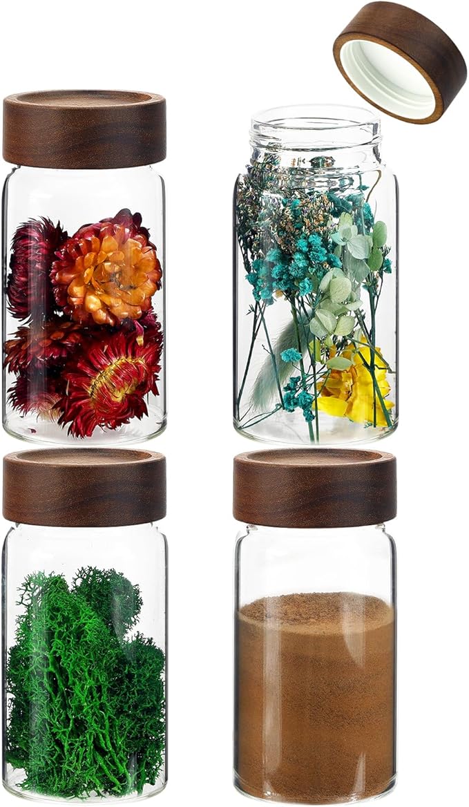 Small Glass Jars with Airtight Lid Clear Coffee Ground Storage Canister Wooden Lid Round Glass Spice Jar for Pantry Sugar Tea Bean Nuts Cookies Bath Salts (4×250ml(8.4oz))