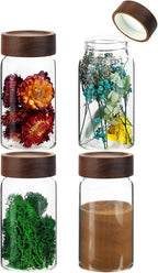 Small Glass Jars with Airtight Lid Clear Coffee Ground Storage Canister Wooden Lid Round Glass Spice Jar for Pantry Sugar Tea Bean Nuts Cookies Bath Salts (4×250ml(8.4oz))